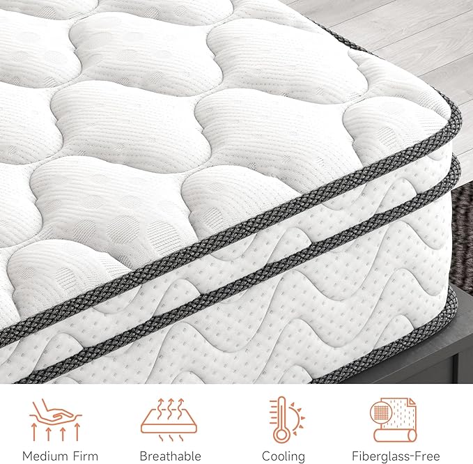 Vesgantti Queen Mattress, 10 Inch Hybrid Mattress with Memory Foam & Pocket Spring, Ergonomic Design for Pressure Relief, Medium Firm Feel Mattress in a Box (60 x 80 x10 Inches, Queen Size) - LeafyLoom