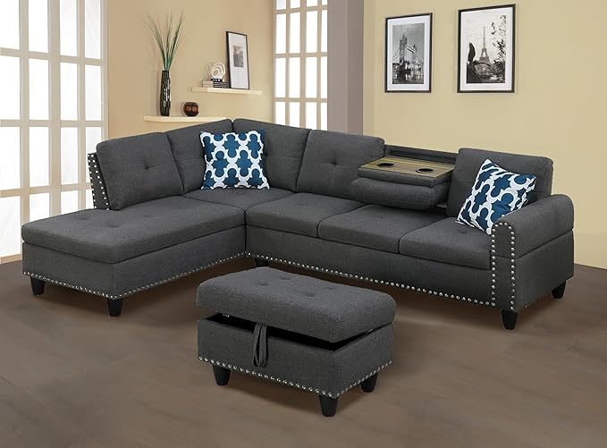 3 Pieces Sectional Sofa L-Shaped Couch for Living Room Furniture Set with Storage Ottoman, Left Hand Facing Chaise, Upholstered 5 Seaters Corner Sofa&Couch, Home Apartment Office - LeafyLoom