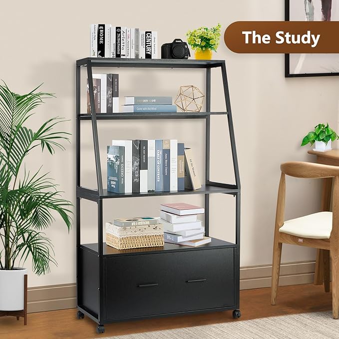 2 Drawer Lateral File Cabinet with Bookshelf, Industrial 4-Tier Filing Cabinet Printer Stand with Wheels, Ladder Shelf Stand with Open Storage for Home Office,Black - LeafyLoom