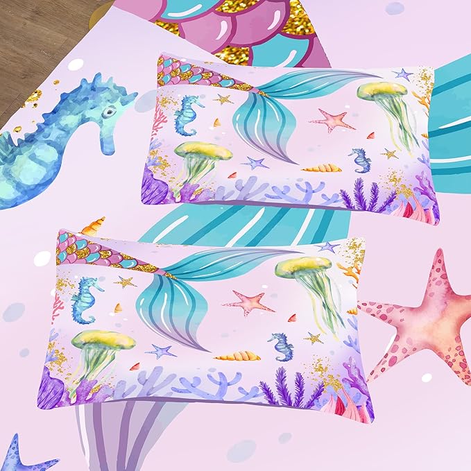 NINENINE Girls Mermaid Bedding Set,Mermaid Tail Comforter Set,Twin Size Bedding Sets for Girls,Princess Toddler Bedding Sets for Girls with 1 Comforter 1 Pillowcase… - LeafyLoom