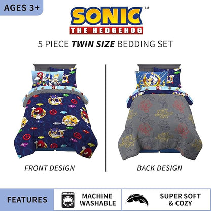 Franco Kids Bedding Super Soft Comforter and Sheet Set with Sham, 5 Piece Twin Size, Sonic The Hedgehog, Anime - LeafyLoom