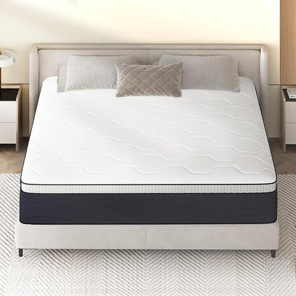 Queen Mattress 14 Inch, Queen Mattresses Hybrid Spring Mattress in a Box, Queen Size Foam Innerspring Mattress with Motion Isolation & Pressure Relief for Queen Bed Frames, Medium Soft, White Grey - LeafyLoom