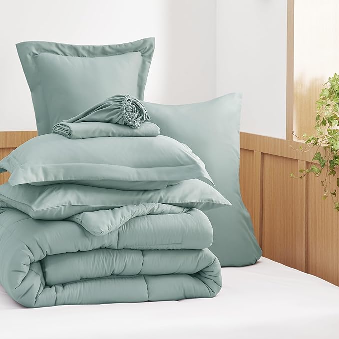 Bedsure Sage Green Twin XL Comforter Set - 5 Pieces Solid Twin XL Bed in a Bag for College, Twin XL Bed Set Sage Green with Comforters, Sheets, Pillowcase & Sham, Extra Long Twin Comforter Set - LeafyLoom