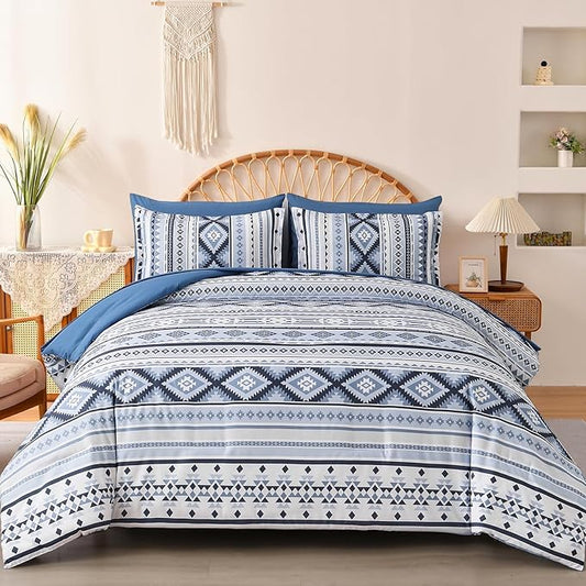 Dinjoy Blue Comforter Set Queen Size, Western Bedding Sets Queen 7 Pieces Bed in a Bag Geometric Striped Comforters with Sheets Aztec Patchwork Complete Set for All Seasons 90"x90" - LeafyLoom