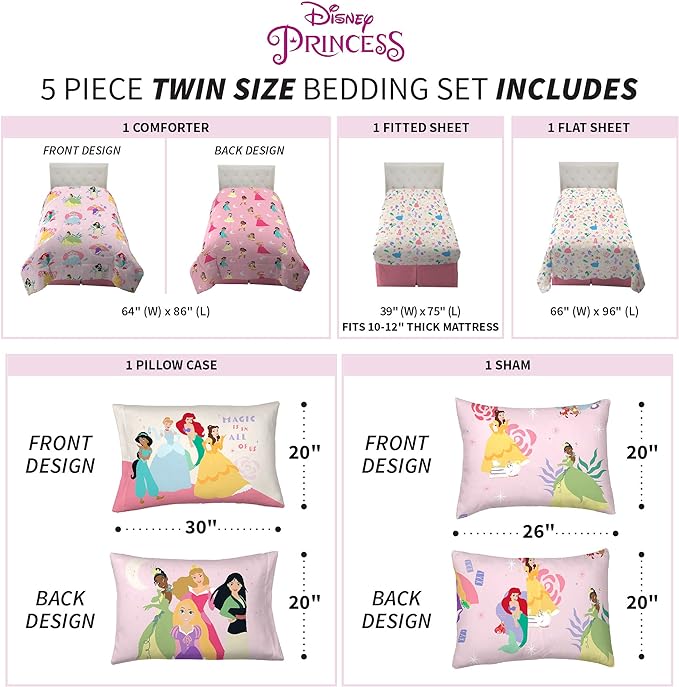 Franco Kids Bedding Super Soft Comforter and Sheet Set with Sham, 5 Piece Twin Size, Disney Princess - LeafyLoom