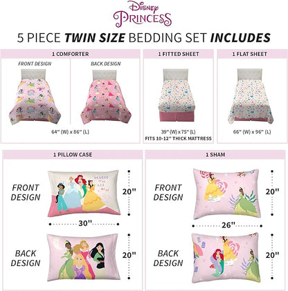 Franco Kids Bedding Super Soft Comforter and Sheet Set with Sham, 5 Piece Twin Size, Disney Princess - LeafyLoom