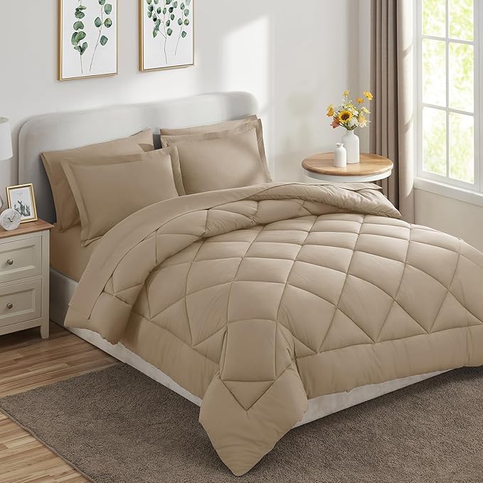 CozyLux Full Comforter Set with Sheets 7 Pieces Bed in a Bag Taupe All Season Bedding Sets with Comforter, Pillow Shams, Flat Sheet, Fitted Sheet and Pillowcases - LeafyLoom