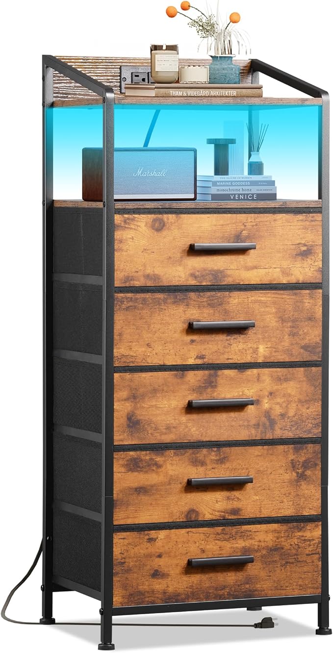 Nightstand 5 Drawer Dresser with LED Lights and Charging Station, Vertical Side Table with Fabric Drawers, End Table with Open Shelf, Tall Dresser for Bedroom, Hallway, Entryway, Rustic Brown - LeafyLoom