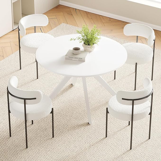 Farini White Dining Table for 4-6 Person,47" Round Wooden Dining Tabletop and Metal Frame for Home Kitchen Dining Desk (47 inch,120cm) - LeafyLoom