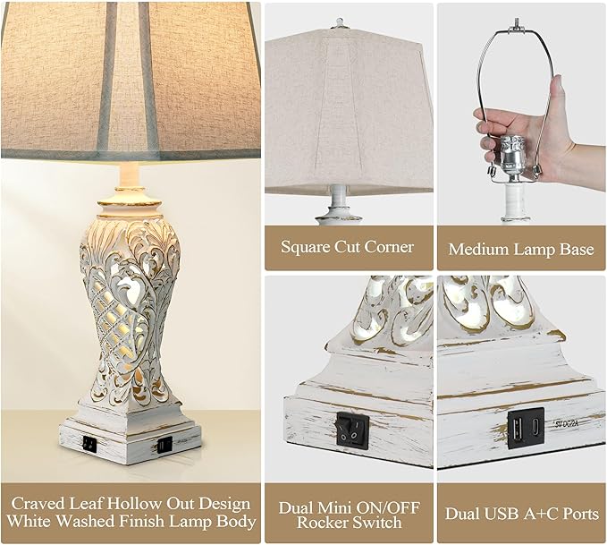 Table Lamps for Bedroom Living Room, Bedside Lamp with Fabric Shades, 29'' Tall Coastal Nautical Lampwith USB and Nightlight - LeafyLoom