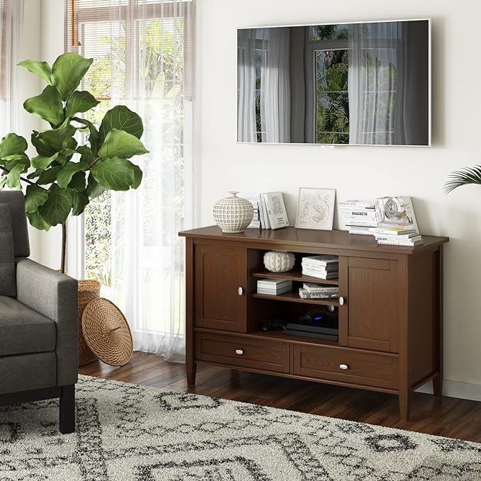 SIMPLIHOME Warm Shaker SOLID WOOD 47 Inch Wide Transitional TV Media Stand in Russet Brown for TVs up to 50 Inches, For the Living Room and Entertainment Center - LeafyLoom