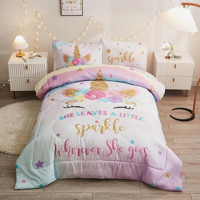 Twin Size Comforter Set for Girls, 5-Piece Bed in a Bag, 3D Colorful Unicorn Bedding Comforter Sheet Set, Ultra Soft and Fluffy, Pink & Rainbow Color - LeafyLoom