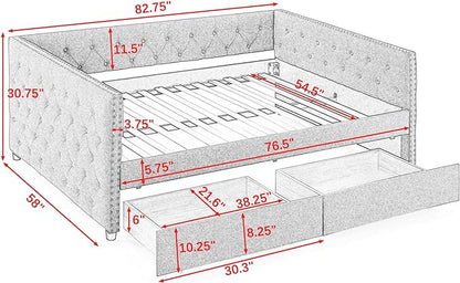 RITSU Full Size Upholstered Daybed, Pull Out with Two Storage Drawers, Solid Wood Frame Sofa Bed, Tufted Buttons and Copper Nails On Square Arms, for Bedrooms, Apartments, 82.75, Grey-2 - LeafyLoom