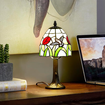 Tiffany Style mini table Lamp-Stained Glass Hummingbird with Tulip Design Table or Desk Light LED Bulb Included-Vintage Look Colorful Accent Decor - LeafyLoom