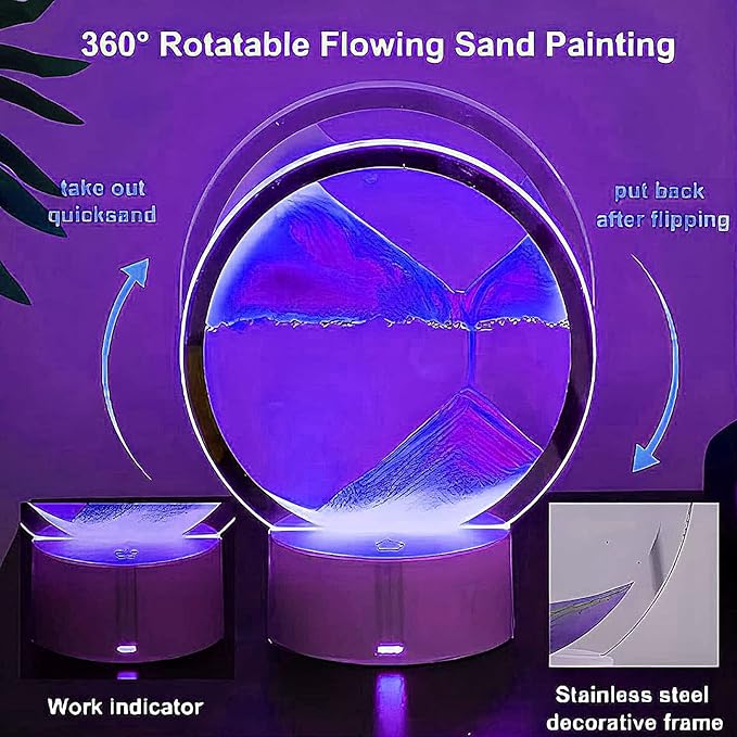 3DMoving Sand Art,360° Rotating Hourglass Decoration table lamp ,7 Color Changing Sand Liquid Motion Desk Lamp,RGB Color Creative Sea Quicksand Moving Sand Art Picture Night Light(Purple with Remote) - LeafyLoom