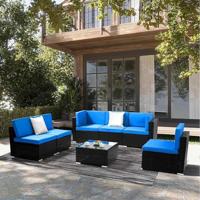 Outvita OutdoorRattan Conversation Set, 7 Pieces PE Rattan Sofa Wicker Patio Furniture Sets with Waterproof Soft Cushion for Backyard Porch Garden Poolside (Black & Blue) - LeafyLoom