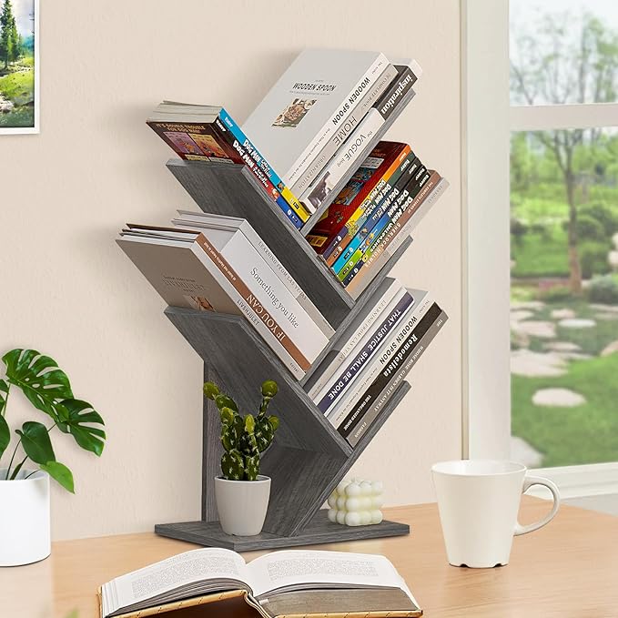 5 Tier Tree Book Shelf, Small Desktop Bookshelf with Storage Organizer, Wood Bookcase, Desk Display Bookshelves, Floor Standing Organizer Bookcases for Living Room,Bedroom,Office - Light Grey - LeafyLoom