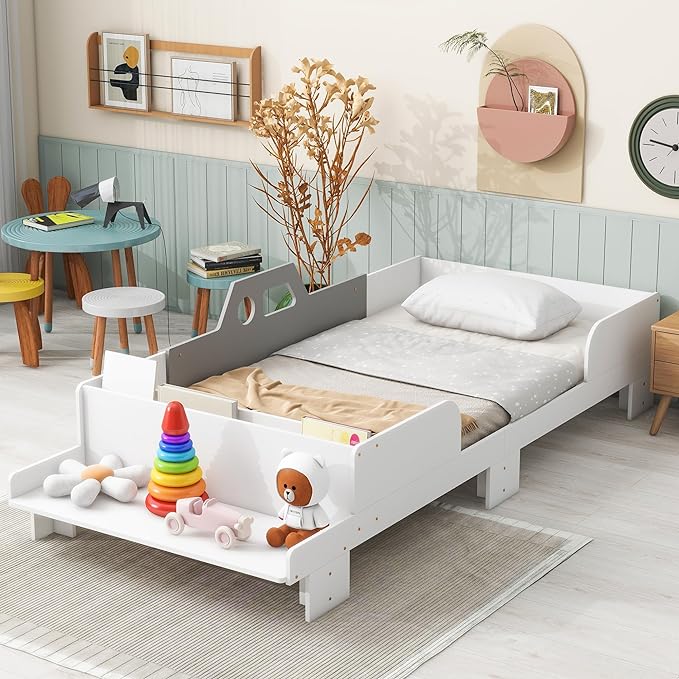 Car-Shaped Twin Bed with Bench,Wood Platform Bedframe W/Book Storage Groove & Safety Guardrail,Minimalistic Design,Easy Assembly,Toy Car Bedroom Furniture for Boys Kids Toddlers Child,White - LeafyLoom