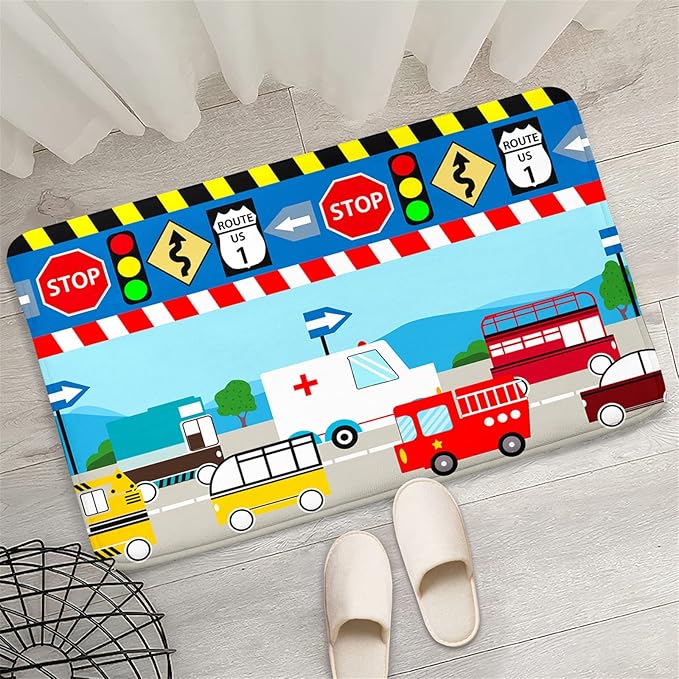 Cartoon Ambulance Car Area Rug Car Carpet for Kids Play Rug for Cars and Trucks Car Rug Play Mat Car Track Rug Truck Rugs for Boys Room Rugs for Boys Bedroom,Light Blue 2'×3' - LeafyLoom