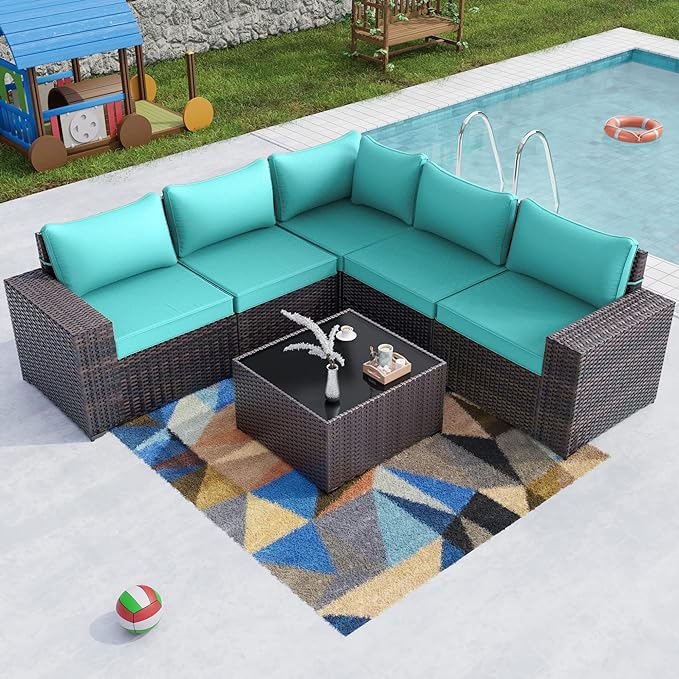 Kullavik 6PCS Outdoor Patio Furniture Set PE Wicker Rattan Sectional Sofa Patio Conversation Sets,Blue - LeafyLoom