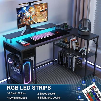 L Shaped Gaming Desk with Power Outlet & LED Light, 47 inch Reversible L Shaped Desk, Gaming Desk with Hook & Monitor Stand, Computer Desk with Drawer and Shelves for Home Office Bedroom - LeafyLoom