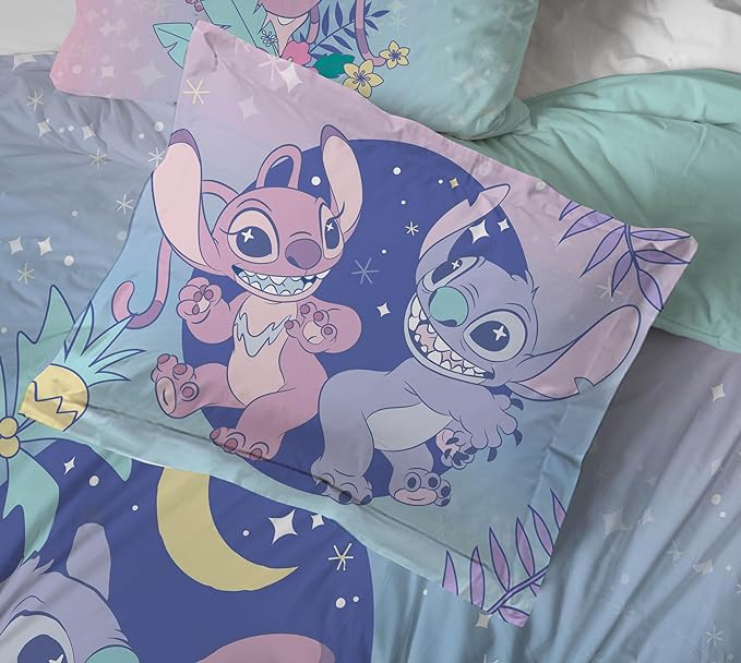 Disney Lilo and Stitch Twin Size Comforter Set - 5 Piece Floral Bedding includes Sheet Set & Pillow Covers Features Angel - Super Soft Purple & Teal Stars Kids Bedding - LeafyLoom