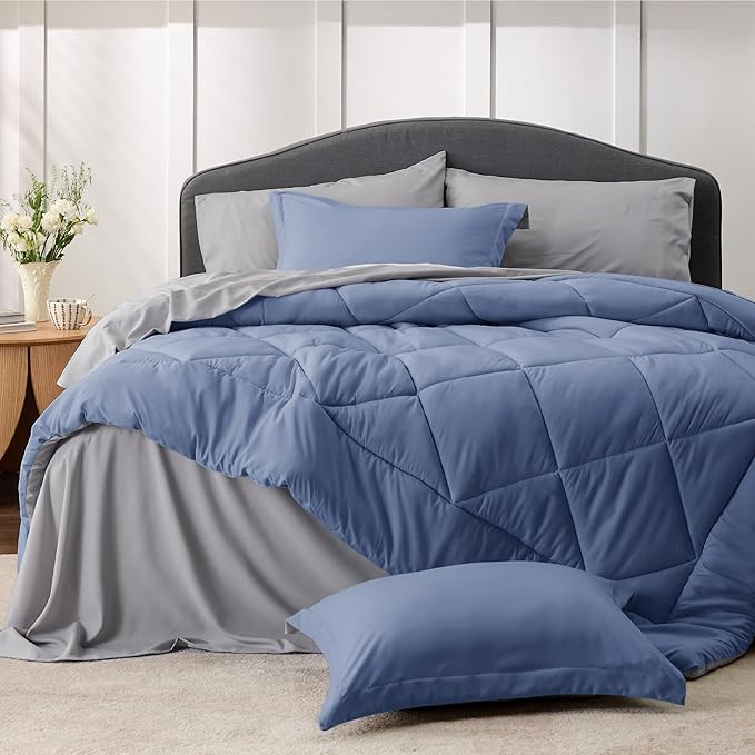 Bedsure Infinity Blue King Size Comforter Set - 7 Pieces Reversible King Bed in a Bag, King Bed Set Infinity Blue and Grey with Comforters, Sheets, Pillowcases & Shams - LeafyLoom