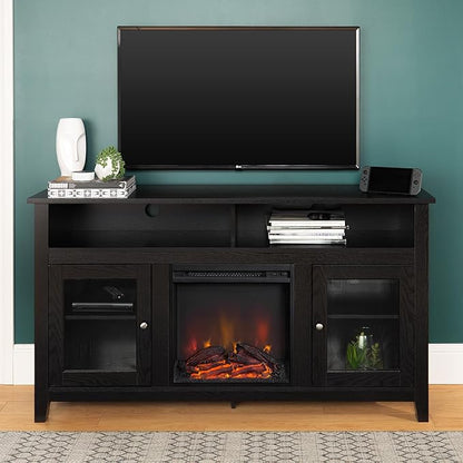 Walker Edison Glenwood Rustic Farmhouse Glass Door Highboy Fireplace TV Stand for TVs up to 65 Inches, 58 Inch, Black - LeafyLoom