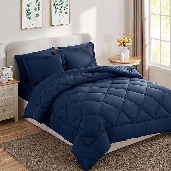 CozyLux Twin Bed in a Bag Comforter Set with Sheets 5 Pieces for Girls and Boys Navy Blue All Season Bedding Sets with Comforter, Pillow Sham, Flat Sheet, Fitted Sheet and Pillowcase - LeafyLoom