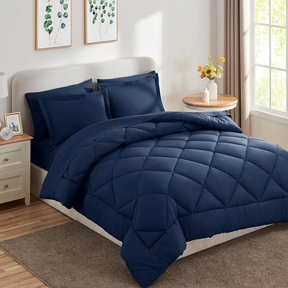 CozyLux King Comforter Set with Sheets 7 Pieces Bed in a Bag Navy Blue All Season Bedding Sets with Comforter, Pillow Shams, Flat Sheet, Fitted Sheet and Pillowcases - LeafyLoom