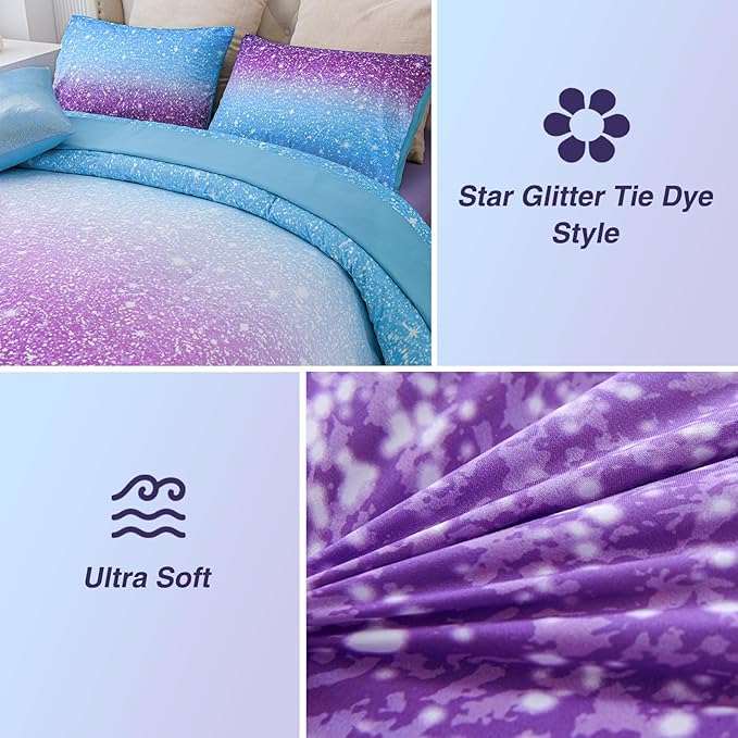 A Nice Night Girls Comforter Set Full Size 6 Piece Bed in A Bag 3D Colorful Sparkle Galaxy Rainbow Bedding Comforter Sheet Sets for Kids,BluePurple - LeafyLoom