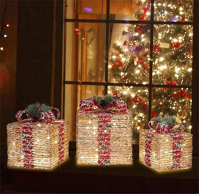 [Ultra-Large 15.5"x13.5"x11" Christmas Set of 3 Lighted Rattan Gift Boxes Decorations Pre-lit 91 Super-Bright LED with Flashers,for Indoor Outdoor Pathway Holiday Party Home(Warm White) GLOWNOVA