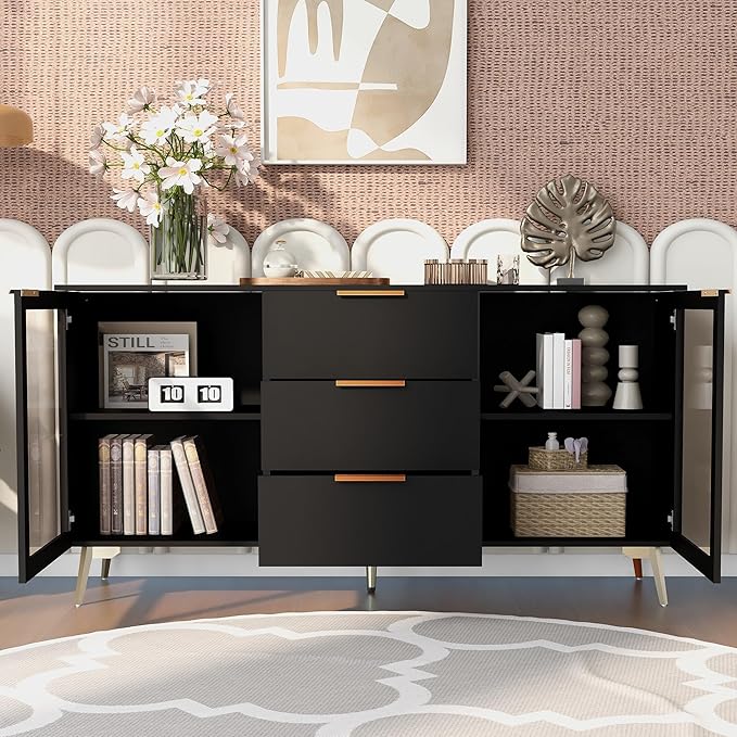 GIA Home Furniture Series Modern MDF Buffet Sideboard with 2 Doors,3 Drawers,Accent Storage Cabinets with Metal Handles for Kitchen,Dinning,Living Room, 63 Inch, Black Finish - LeafyLoom