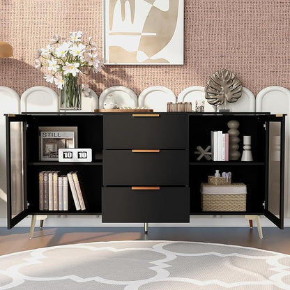 GIA Home Furniture Series Modern MDF Buffet Sideboard with 2 Doors,3 Drawers,Accent Storage Cabinets with Metal Handles for Kitchen,Dinning,Living Room, 63 Inch, Black Finish - LeafyLoom