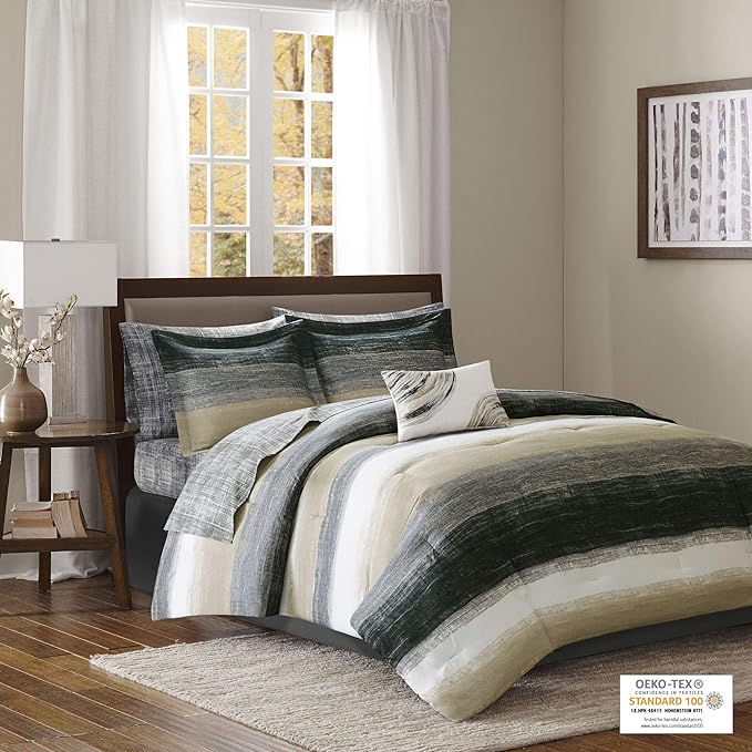 Madison Park Essentials Cal King Comforter Set, Bed in a Bag, Watercolor Print Coastal Comforter & Chambray Cotton Sheet Set, All Season Bedding Set, Saben, Taupe Cal-King (104 in x 92 in) 9 Piece - LeafyLoom