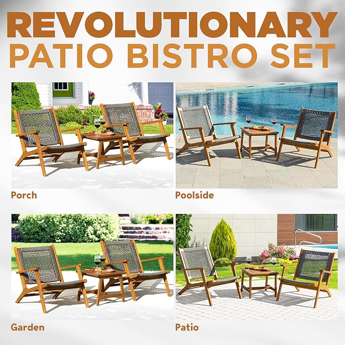 Solid Wood Rope Bistro Set of 3, Reclining Set 3 - LeafyLoom