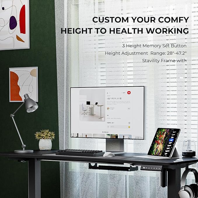 Electric Standing Desk,Adjustable Height Desk With Curved Desktop, Stand Up Desk With 2 Metal Hooks & Cable Organizer Box, Powerful Motor For Fast Switch From Sit To Stand Position 55x24 Black - LeafyLoom