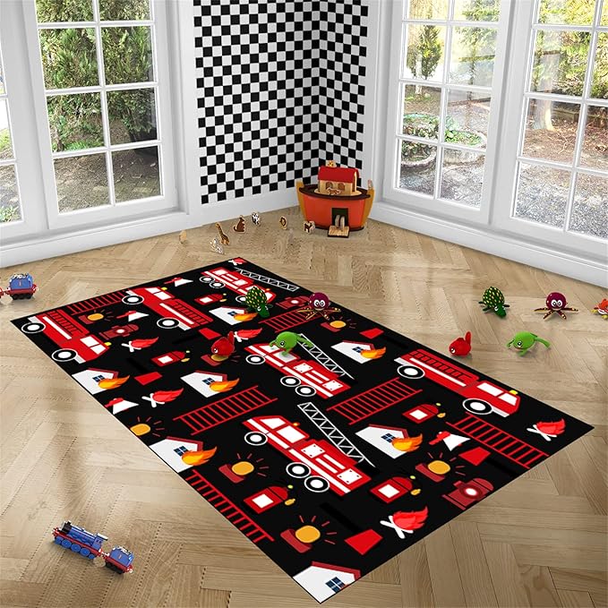 Car Play Rug Fire Fighting Truck Area Rug Car Rug Play Mat Kids Rugs for Playroomcar Rug for Boys Room Carpet Floor Mat for Bedroom Living Room,Black 5'×7' - LeafyLoom