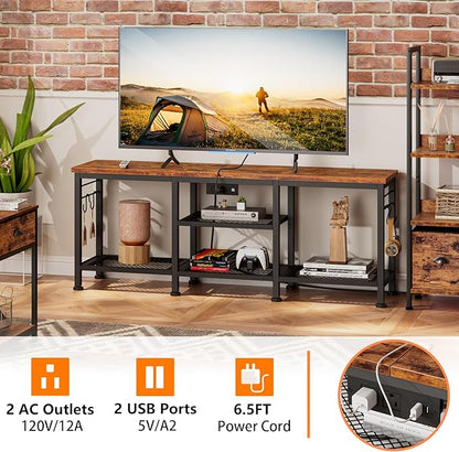 Furologee TV Stand with Power Outlets, Entertainment Center with Open Storage Shelves for TVs up to 55 Inch, TV Media Console Table with Soundbar Shelf for Living Room, Bedroom, Rustic Brown - LeafyLoom