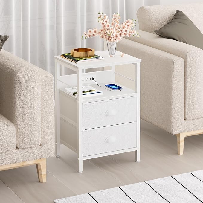 Furologee Nightstands Set of 2, End Tables with Charging Station and USB Ports, Side Tables with 2 Fabric Drawers, Night Stands with Storage Shelf & 2 Hooks, for Living Room/Bedroom, White - LeafyLoom