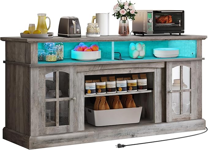 YITAHOME Sideboard Buffet Cabinet, 58'' Large Coffee Bar Cabinet with LED Light & Power Outlet, Farmhouse Storage Cabinets with Adjustable Shelves and Glass Doors for Kitchen, Living Room, Rustic Grey - LeafyLoom