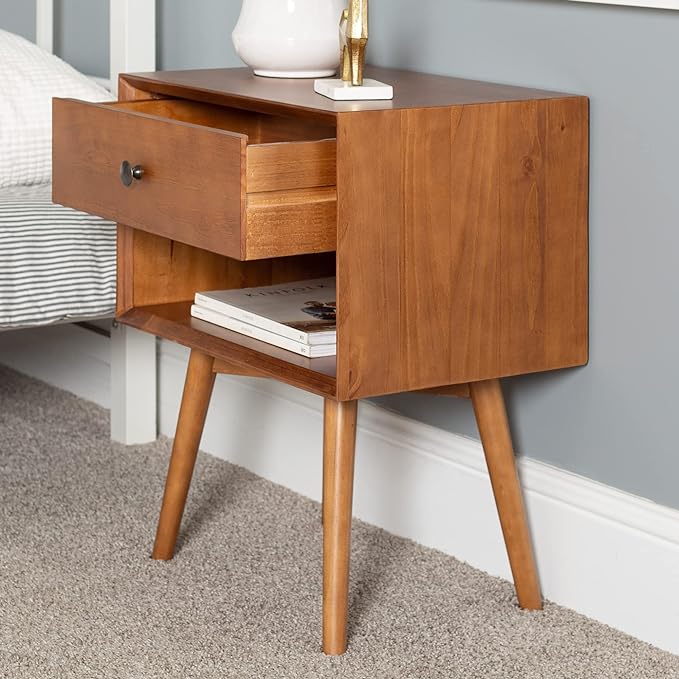 Walker Edison Mid Century Modern Wood Nightstand Side Table Bedroom Storage Drawer and Shelf Bedside End Table, 1 Drawer, Caramel - LeafyLoom