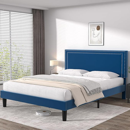 VECELO Full Size Platform Bed Frame with Height Adjustable Upholstered Headboard, Modern Mattress Foundation,Strong Wood Slat Support, No Box Spring Needed, Easy Assembly - LeafyLoom