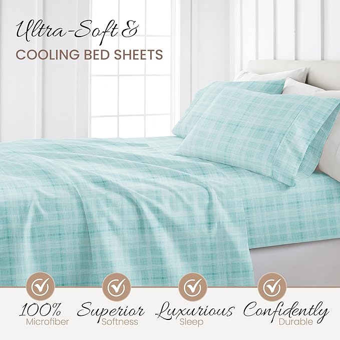 4 Piece California King Bedding Sheets Set (Aqua Thatch) - Sleep Better Than Ever with These Ultra-Soft & Cooling Bed Sheets for Your Cal King Size Bed - Deep Pocket Fits 16" Mattress - LeafyLoom