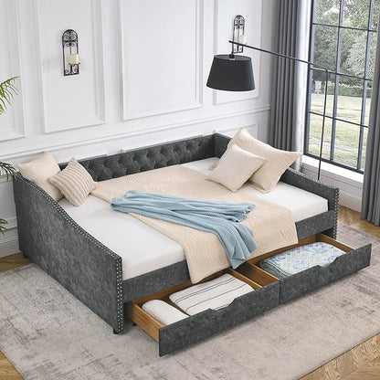 RITSU Modern Queen Size Daybed with Drawers Upholstered Sofa Bed, Tufted Buttons On Back, Wooden Frame， Copper Nail On Waved Shape Arms, for Bedroom, Living Room, Grey, 84.50 - LeafyLoom