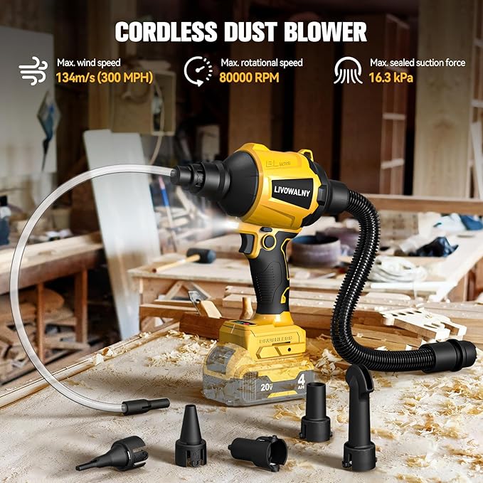 LIVOWALNY Cordless Dust Blower for Dewalt 20V Battery, Leaf Blower Brushless Handheld Blower Sawdust Blower 447 MPH/39 CFM for Garages, Sawmill Room, Workshop Cleaning, Home Improvement (No Battery) - LeafyLoom