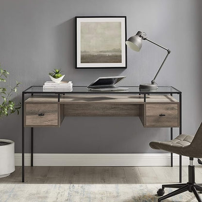 Walker Edison Writing Desk, 56, Glass Top 2 Drawer Computer, 56 Inch, Grey Wash - LeafyLoom