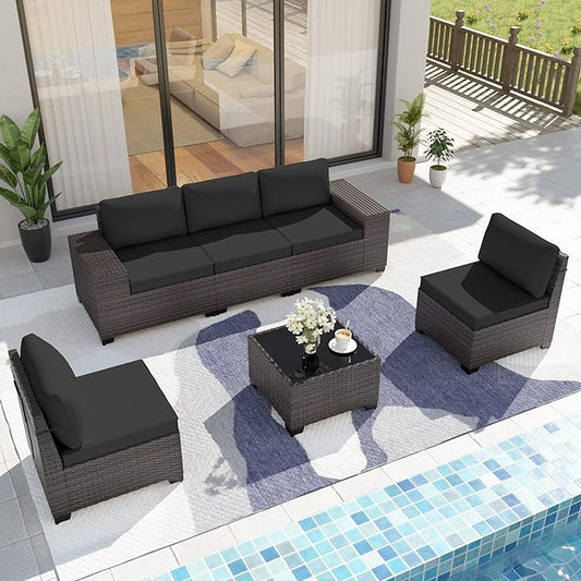 Patio Furniture Set Sofa 6-Pieces Wicker Sectional Sofa Set, Outdoor Furniture Rattan Patio Conversation Set with Thickened Cushion and Glass Coffee Table, Black - LeafyLoom