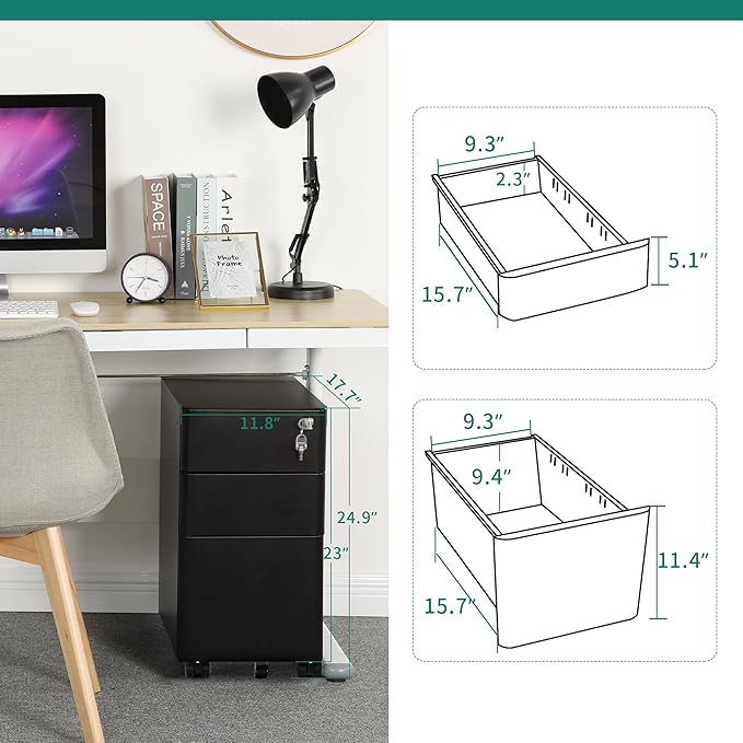 YITAHOME 3-Drawer Metal Filing Cabinet Office, Compact Portable Slim File Cabinet Drawers with Keys, Pre-Built Office Storage Cabinet for A4/Letter/Legal (Black) - LeafyLoom