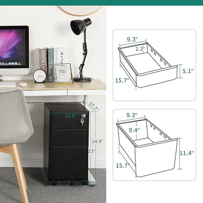 YITAHOME 3-Drawer Metal Filing Cabinet Office, Compact Portable Slim File Cabinet Drawers with Keys, Pre-Built Office Storage Cabinet for A4/Letter/Legal (Black) - LeafyLoom